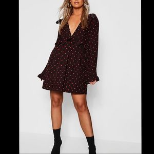 Boohoo polka dot plunge ruffle skater dress